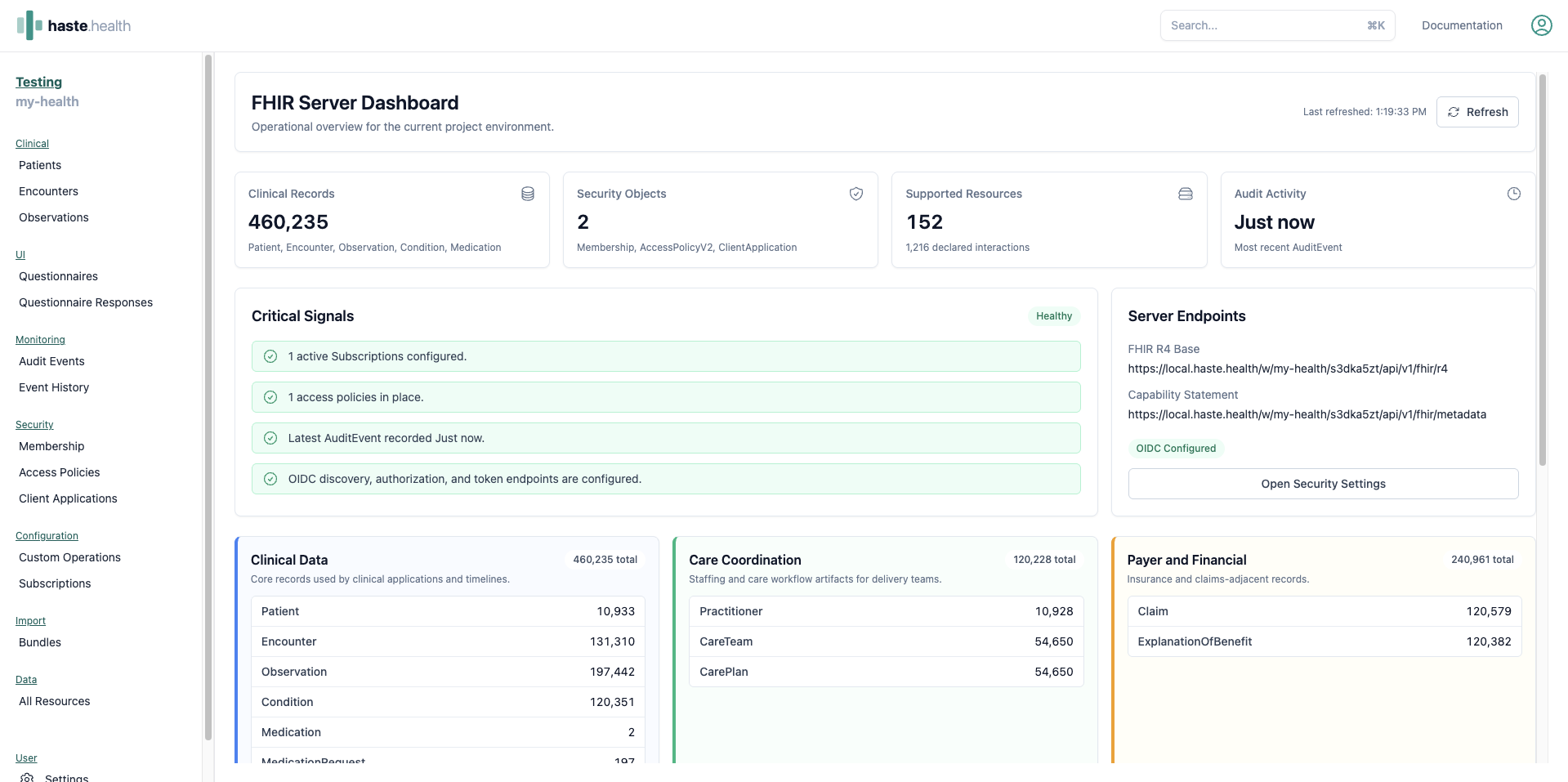 Haste Health admin app screenshot
